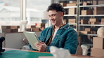 Supply chain, boxes and man with tablet, smile and online order with checklist for inventory. Happy, person and entrepreneur with tech, cardboard and small business with retail, logistics and app