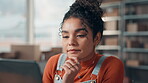 Thinking, woman and laptop with boxes of startup for supply chain, shipping and logistics report. Person, reading and pc for ecommerce order, online inventory and delivery checklist for distribution
