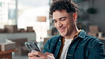 Logistics, phone and happy with man in warehouse for delivery schedule, shipping and online order. Eta tracking, email confirmation and supply chain invoice with person in small business for cargo