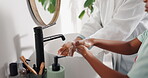 Washing, hands and mom with child, grooming or soap for disinfection of germs, learning and hygiene. Teaching, son and bacteria prevention with water, growth or development in home, woman and boy
