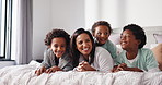 Face, mother and kids laughing in bedroom for relax, love or brothers bonding together. African family, children and portrait of parent on bed in home for funny humor, happy or connection in morning