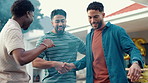 BBQ, friends and handshake at new year party for bonding, celebration or milestone event. Cookout, greeting and smoke with group of people shaking hands outdoor in backyard of home for gathering