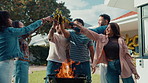 Cheers, beer and friends at outdoor barbecue for new years party, celebration or event in backyard. Happy, bonding and group of people with alcohol beverage for toast together by fire for grill.