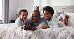 Bunny ears, selfie and smile of black family on bed in home for bonding, morning fun or memories. App, funny or profile picture with father and sons in bedroom of apartment for break or photograph