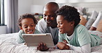 Bedroom, reading or tablet with boys and father in home together for bonding or storytelling. App, ebook or morning with black family on bed in apartment for child development, growth or learning