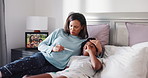 Mom, sick child and fever with thermometer in bed for illness, influenza or allergy in home. Mother, kid and son with guardian checking temperature for monitoring flu, cold or symptoms in bedroom