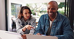 Happy couple, finance documents and laptop in home for review for budget, bills or credit score on web. African man, woman and smile with computer for asset management, results and paperwork at house