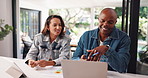 Happy couple, finance documents and laptop in house for review for budget, bills or credit score on web. African man, woman and admin with computer for asset management, results and paperwork at home