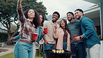 Selfie, happy and friends outdoor at barbecue for celebration, bonding or reunion in backyard. Smile, grill and group of people with photography picture for memory with connection at event together.