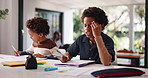 Thinking, children and writing for education at house for problem solving, study and solution. Black family, thoughts and notebook for homework, learning idea and overwhelmed for homeschooling lesson