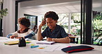 Thinking, children and writing for education at house for study, learning and problem solving. Black family, kids and solution for homework, information and lesson notes for homeschooling assignment