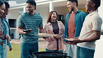 BBQ, food and laughing with friends in backyard of home together for social gathering. Bonding, cookout and funny with group of people talking outdoor in garden for celebration, event or visit