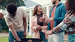 BBQ, conversation and laughing with friends in backyard of home together for social gathering. Bonding, cookout and funny with group of people outdoor in garden for celebration, event or visit