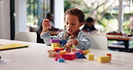 Building blocks, learning and game with boy in home for child development, education or puzzle. Problem solving, wooden toys and motor skills with kid in family house for geometric object and playing