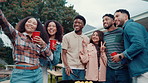 Selfie, smile and friends outdoor at barbecue for celebration, bonding or reunion in backyard. Happy, grill and group of people with photography picture for memory with connection at event together.