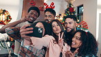 Peace sign, group and friends with selfie for christmas celebration, festive reunion and social media post. Smile, people and photography for bonding with xmas, profile picture and memory at house