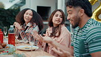 Lunch, conversation and barbecue with friends for celebration, summer vacation or bonding. Gossip, party and drinks with group of people in home backyard for social event, reunion and bbq together