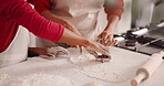 Hands, person and baking dough with child for learning, prepare pastry and cookies shape. Parent, teaching and kid helping with tools, dessert recipe and guidance lesson for handmade biscuit at house