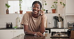 Explain, laughing and phone call with black woman in kitchen of home for conversation or humor. Communication, funny and mobile with happy African person in apartment for contact, speaking or update