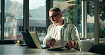 Laptop, tablet and research with business man in office for article editor, planning and publication. Email newsletter, proofreading draft and journalist story with person and stylus  for report