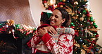 Smile, mother and hug kid on Christmas for love, care or holiday celebration in home. Xmas, mom and embrace child in house with laugh, support or thank you for gratitude with happy African family