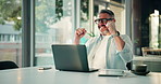 Business man, laptop and excited with celebration for trading profit, stock market increase or news. Trader, mature person and tech with victory fist in office for investment deal or financial growth