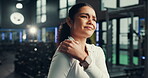 Fitness, woman and shoulder pain in gym, hurt or sore with training accident, massage and fractured. Injury, person and muscle strain in health club, discomfort and joint tension or broken bone