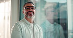Face, business and man with smile, window and career ambition with glasses, pride and design agency. Happy, view and creative entrepreneur with eyewear, funny and confidence with mission and future