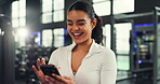 Phone, scroll and smile with woman at gym for fitness app, workout schedule and communication. Networking, training guide and online exercise with person in sports club for connection, chat and web