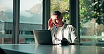 Business man, laptop and glasses with headache in office for trading, wrong prescription or burnout. Eye strain, mature person and migraine for stock market crash, bad investment and plummet pressure