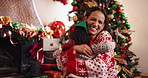 Laugh, mother and hug child on Christmas for love, care and holiday celebration together in home. Xmas, mom and embrace kid in house for connection, support and excited with thank you for gratitude