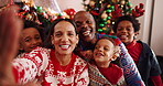 Face, family and selfie for Christmas, home or profile picture for festive season, bonding and love. Laughing, parents and photography with children on Xmas, African people and celebration in house