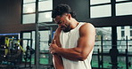 Man, fitness and arm with pain in gym for muscle tension, joint ache or inflammation. Male person, strain or cramp with injury, discomfort or fibromyalgia for pressure, intense workout or accident
