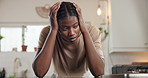 Black woman, headache and stress with depression in kitchen for overworked, strain or pressure. Female person, mental health and tired with pain or migraine for fatigue, burnout or burden in home