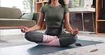 Home, yoga and woman in lounge, lotus pose and meditation with wellness, fitness and calm. Apartment, holistic and person in living room, peaceful and health with spiritual practice, aura and pilates