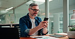 Phone, typing and business man in office with data, information and editor with analysis. Mobile, mature manager and reading message online, communication and smile with stats for creative article