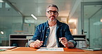 Business man, face and video call with paperwork for data analysis, market trends or stats feedback. Research analyst, mature person and virtual meeting in office for graphs insight, POV and night