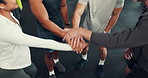 People, fitness or team with hands together above or applause for success or winning in gym. Top view, group or community clapping with pile or stack for huddle, achievement or mission in health club