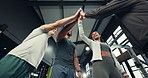 Happy, high five and group in gym, success and celebration for fitness goals, together and applause. Clapping, people and achievement of workout progress, low angle or motivation for health milestone