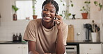 Funny, gossip and phone call with black woman in kitchen of home for comedy or conversation. Communication, laughing and mobile with happy African person in apartment for contact, speaking or update