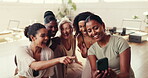 Laughing, women and team with smartphone, gym and watching viral fitness challenge and subscription. Health club, happy and people with mobile for funny workout fails, videos and streaming on website