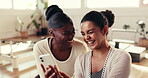 Friends, women and laughing with smartphone, gym and watching viral fitness challenge and streaming. Health club, happy and people with mobile for funny workout fails, subscription and videos on web