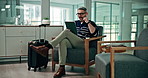 Airport lounge, video call and man with luggage, tablet and travel with journey, talking and smile. Mature person, employee and worker with tech, online chatting and waiting with communication or app