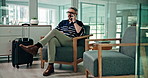 Lobby, phone call and business man with luggage for work trip, travel and planning for convention. Professional, hotel and person waiting with smartphone for discussion, communication and talking