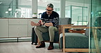 Man, waiting room or checking time with watch for travel or flight delay in company lounge. Male person, traveler and drinking water with luggage or suitcase for business trip or late departure