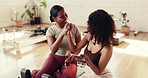 Phone, pilates and girl friends with high five for social media, networking or communication. Happy, fitness and women with cellphone for contact on mobile app with bonding on workout break in studio