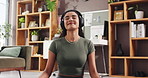Meditation, relax and woman in home with headphones for wellness podcast, subscription and streaming. Living room, calm and person listening to music or audio for peace, mindfulness and zen mindset
