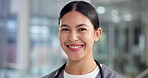 Face, nurse and woman in hospital, smile and confidence with career ambition, wellness and pride. Portrait, healthcare and person in clinic, happiness and medical professional with research facility