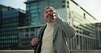 Phone call, walking and business man in city for online discussion, networking and conversation. Professional, morning commute and mature person on smartphone for talking, chat and communication