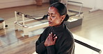 Breathing, yoga and woman with wellness, meditation and relax with stress relief, break and peace. Chakra, people and yogi with fitness, pilates and zen with health center, morning and exercise